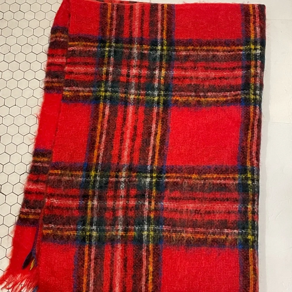 CREAGARAN Vintage Mohair Throw Blanket Tartan Plaid Red Natural Fiber SCOTLAND